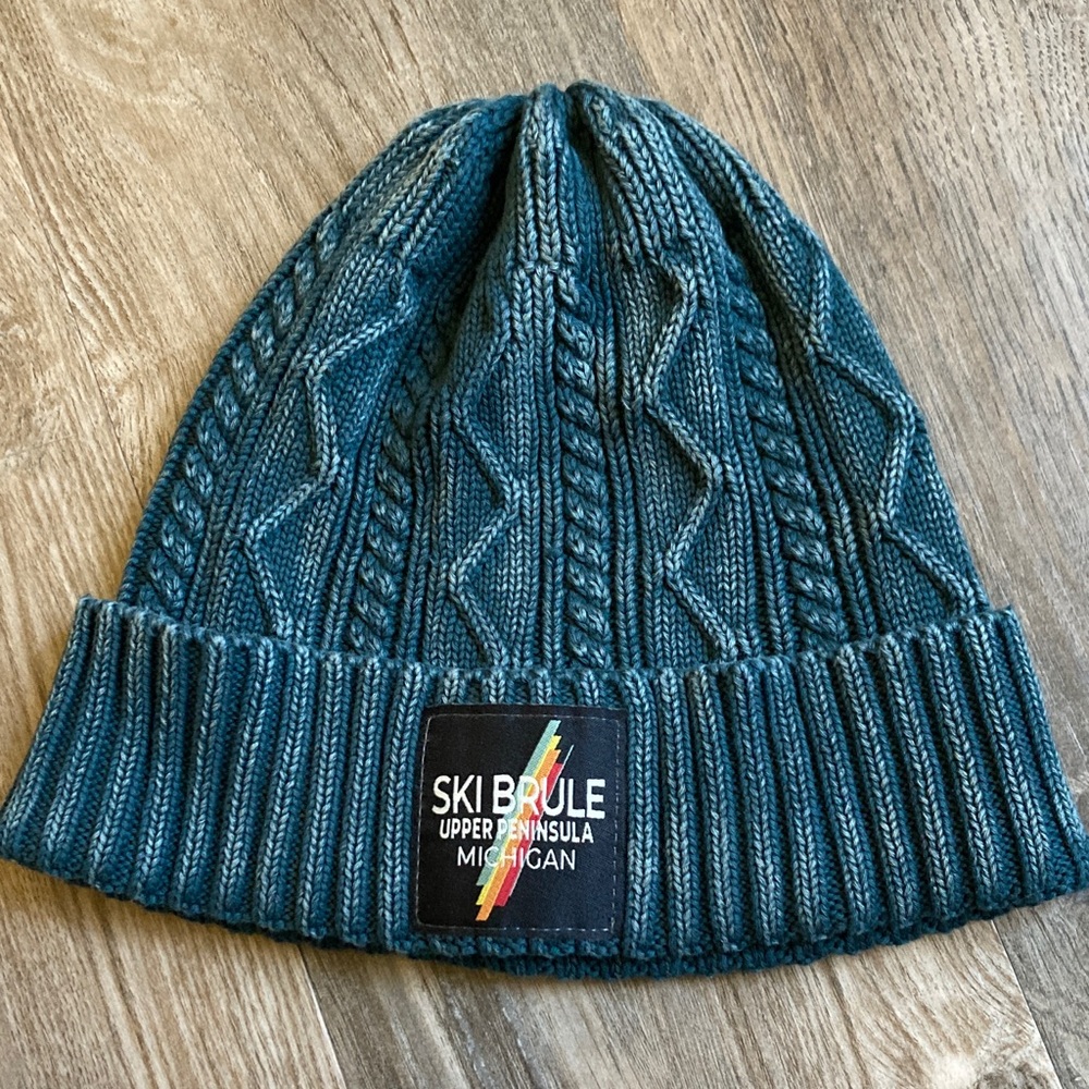 Ski Brule Upper Peninsula Michigan Teal Cable Knit Beanie